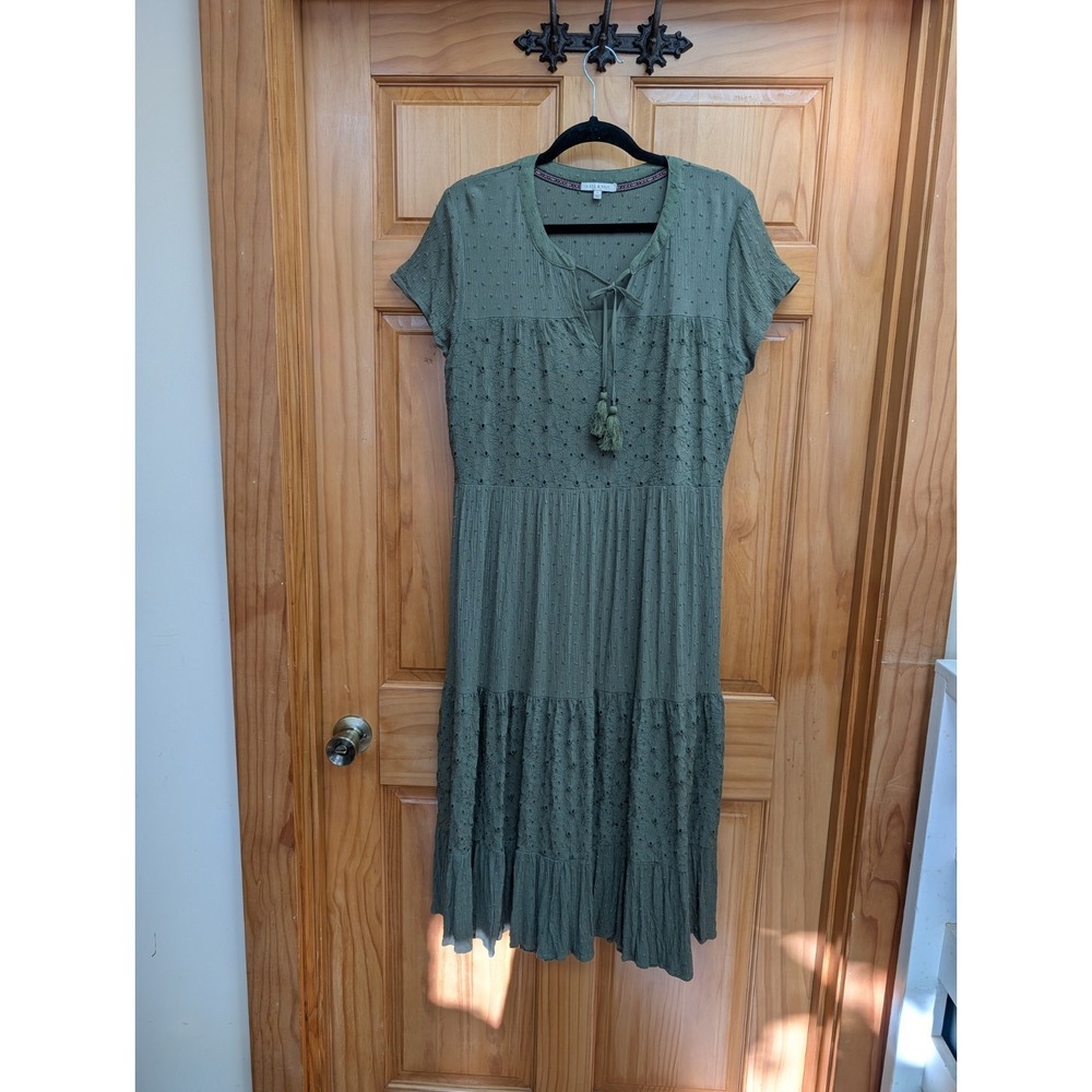 Kate & Sam Women's Large Dress Khaki Midi 3 Tiers Ruffles Parie Eyelet Fabric